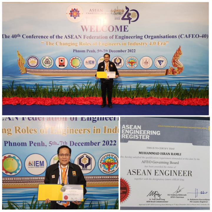 AFEO Governing Board menerbitkan Sertifikat ASEAN Engineer (ASEAN.Eng.) bagi Dekan Fakultas Teknik UNHAS pada CAFEO-40 2022 di Phnom Penh, Kamboja.