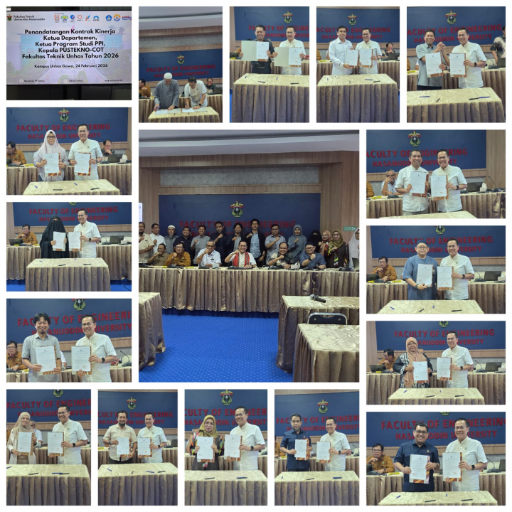 Signing of Performance Contracts for Department Heads, Heads of Technology Centers, CoT, and KPSPPI at the Unhas Faculty of Engineering, 2026